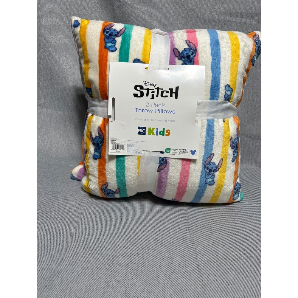 Disney The Big One Kids Stitch 2-Pack Throw Pillows 18x18 Multicolor Striped NEW